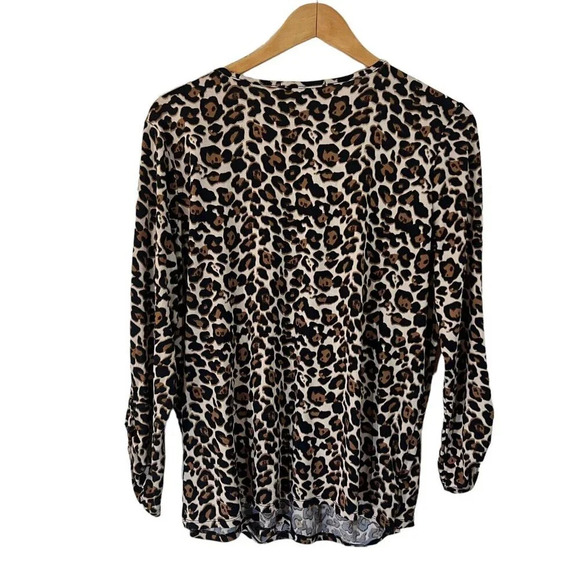 Inner Circle Leopard Print Blouse XL Draped V Neck 3/4 Sleeves Metal Circle - Picture 2 of 6